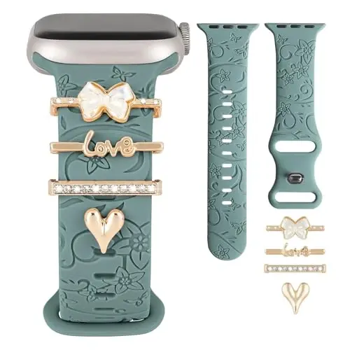 Charm+Band for Apple Watch Bands 40mm 41mm 38mm 44mm 45mm 46mm 42mm Women,Floral Engraved Silicone Sport Band+Decorative Ring Loops for iWatch Series 11 10 9 8 7 6 5 4 SE/Ultra 49mm 3/2,Jewelry Strap 