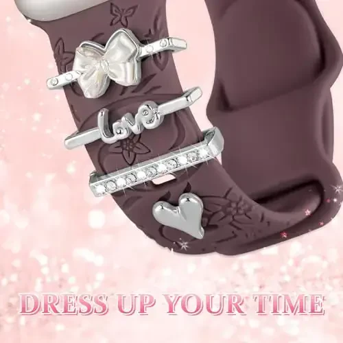 Charm+Band for Apple Watch Bands 40mm 41mm 38mm 44mm 45mm 46mm 42mm Women,Floral Engraved Silicone Sport Band+Decorative Ring Loops for iWatch Series 11 10 9 8 7 6 5 4 SE/Ultra 49mm 3/2,Jewelry Strap - 3