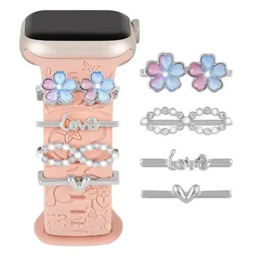 Charm+Band for Apple Watch Bands 40mm 41mm 38mm 44mm 45mm 46mm 42mm Women,Floral Engraved Silicone Sport Band+Decorative Ring Loops for iWatch Series 11 10 9 8 7 6 5 4 SE/Ultra 49mm 3/2,Jewelry Strap - CHARM+BAND