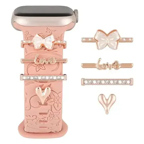 Charm+Band for Apple Watch Bands 40mm 41mm 38mm 44mm 45mm 46mm 42mm Women,Floral Engraved Silicone Sport Band+Decorative Ring Loops for iWatch Series 11 10 9 8 7 6 5 4 SE/Ultra 49mm 3/2,Jewelry Strap - 1