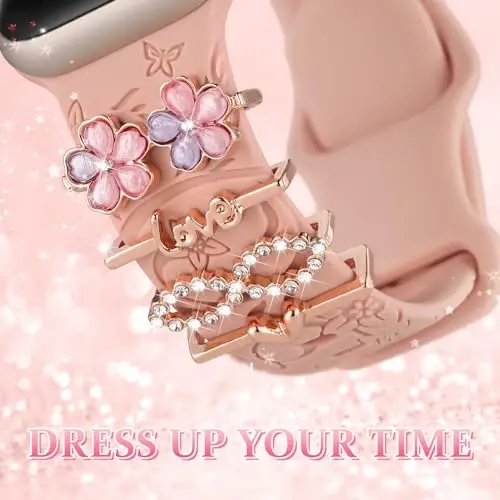 Charm+Band for Apple Watch Bands 40mm 41mm 38mm 44mm 45mm 46mm 42mm Women,Floral Engraved Silicone Sport Band+Decorative Ring Loops for iWatch Series 11 10 9 8 7 6 5 4 SE/Ultra 49mm 3/2,Jewelry Strap - 4