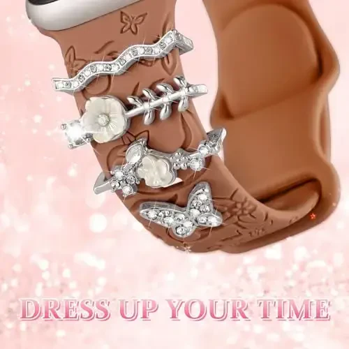 Charm+Band for Apple Watch Bands 40mm 41mm 38mm 44mm 45mm 46mm 42mm Women,Floral Engraved Silicone Sport Band+Decorative Ring Loops for iWatch Series 11 10 9 8 7 6 5 4 SE/Ultra 49mm 3/2,Jewelry Strap - 3