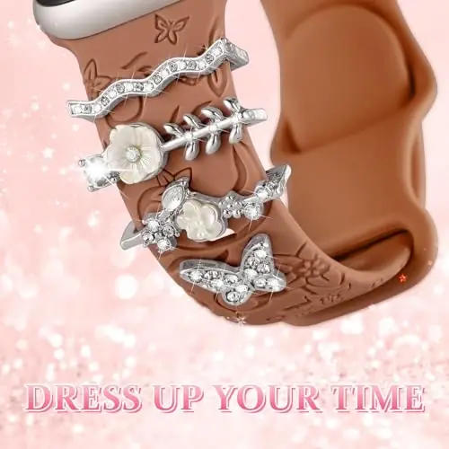Charm+Band for Apple Watch Bands 40mm 41mm 38mm 44mm 45mm 46mm 42mm Women,Floral Engraved Silicone Sport Band+Decorative Ring Loops for iWatch Series 11 10 9 8 7 6 5 4 SE/Ultra 49mm 3/2,Jewelry Strap - 3