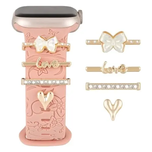 Charm+Band for Apple Watch Bands 40mm 41mm 38mm 44mm 45mm 46mm 42mm Women,Floral Engraved Silicone Sport Band+Decorative Ring Loops for iWatch Series 11 10 9 8 7 6 5 4 SE/Ultra 49mm 3/2,Jewelry Strap - CHARM+BAND