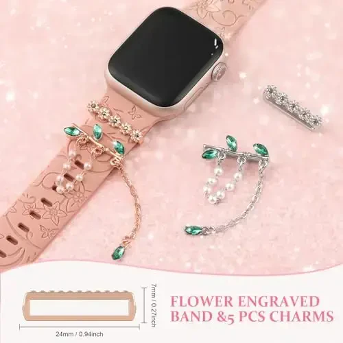 Charm+Band for Apple Watch Bands 40mm 41mm 38mm 44mm 45mm 46mm 42mm Women,Floral Engraved Silicone Sport Band+Decorative Ring Loops for iWatch Series 11 10 9 8 7 6 5 4 SE/Ultra 49mm 3/2,Jewelry Strap - 5