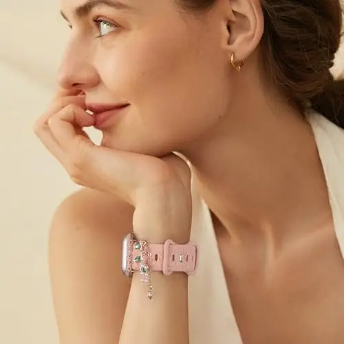 Charm+Band for Apple Watch Bands 40mm 41mm 38mm 44mm 45mm 46mm 42mm Women,Floral Engraved Silicone Sport Band+Decorative Ring Loops for iWatch Series 11 10 9 8 7 6 5 4 SE/Ultra 49mm 3/2,Jewelry Strap - 3