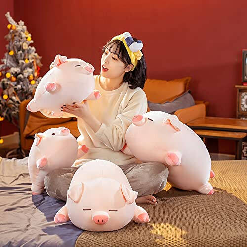 CHDGIOHA Cute Kawaii Pig Plush Pillows Stuffed Animal Hugging Pillow, Soft Pig Stuffed Cuddle Plush Toys, Birthday Gifts for Girls Girlfriend… (Squint, 15.7in) - 6