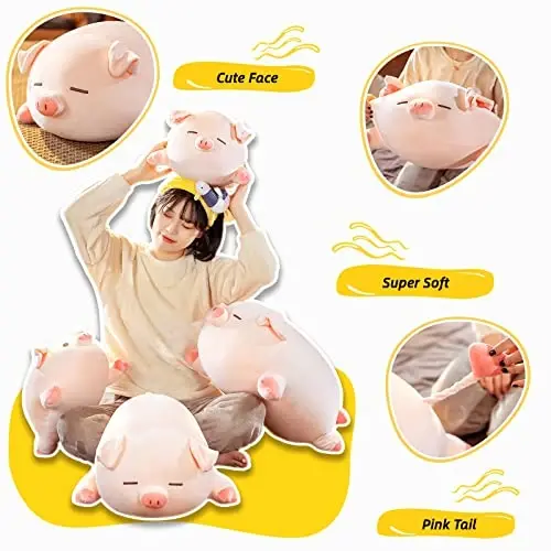 CHDGIOHA Pig Stuffed Animal Plush Pillow - 15.7'' Cute Kawaii Pink Pig Hugging Pillow, Soft Cuddle Plush Toy, Adorable Birthday Gift for Girls and Girlfriend (Round Eyes, 15.7in) - 3