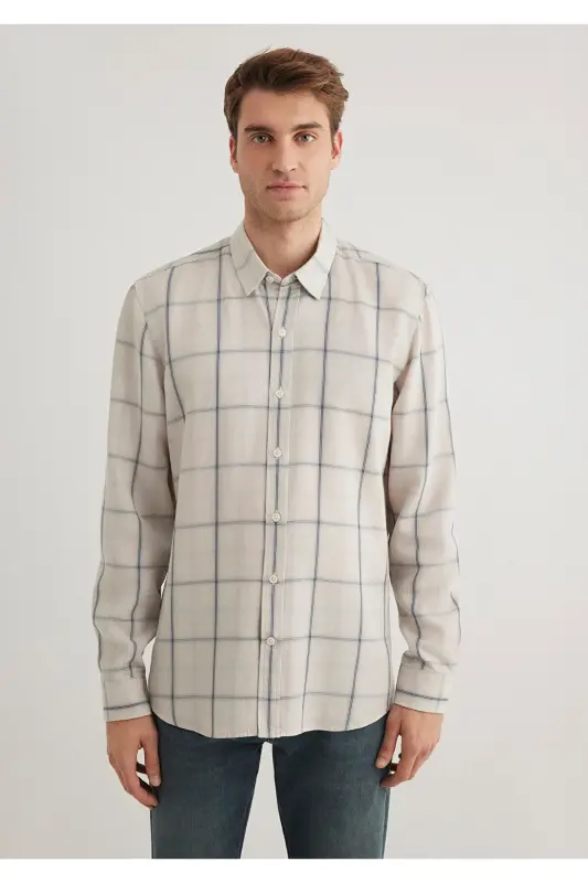 Checked Ecru Tencel Tm Lyocell Shirt Slim Fit / Da - 3