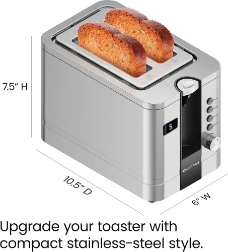 Chefman 2-Slice Digital Pop-Up Toaster, Stainless Steel, Bagel Sized Slots, Removable Crumb Tray - 9