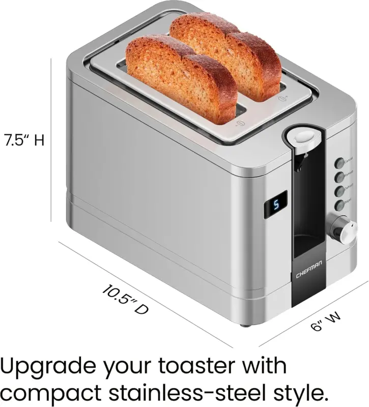 Chefman 2-Slice Digital Pop-Up Toaster, Stainless Steel, Bagel Sized Slots, Removable Crumb Tray - 9