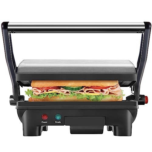 Chefman Elektrik Panini Press Grill va Gourmet Sandwich Maker, Non-Stick Coated Plates, Opens 180 Degrees to Fit Any Type or Size Food, Dishwasher Safe Removable Drip Tray, Stainless Steel/Black - 1