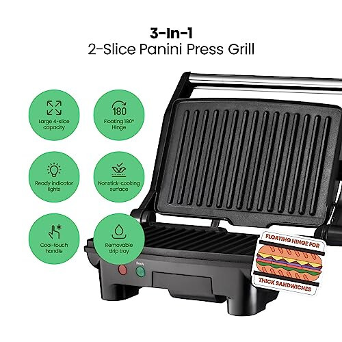 Chefman Elektrik Panini Press Grill va Gourmet Sandwich Maker, Non-Stick Coated Plates, Opens 180 Degrees to Fit Any Type or Size Food, Dishwasher Safe Removable Drip Tray, Stainless Steel/Black - 2