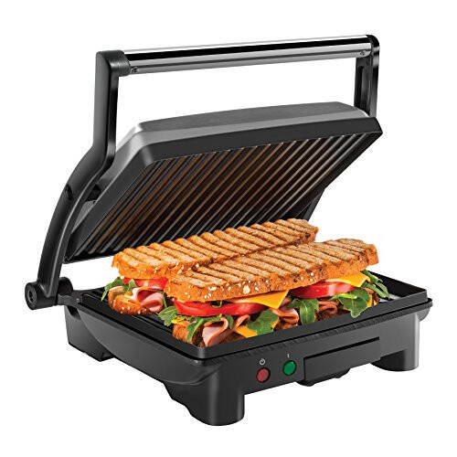 Chefman Panini Press Grill and Gourmet Sandwich Maker Non-Stick Coated Plates, Opens 180 Degrees to Fit Any Type or Size of Food, Stainless Steel Surface and Removable Drip Tray, 4 Slice, Black - 1