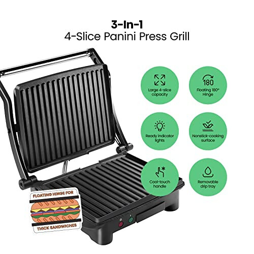 Chefman Panini Press Grill and Gourmet Sandwich Maker Non-Stick Coated Plates, Opens 180 Degrees to Fit Any Type or Size of Food, Stainless Steel Surface and Removable Drip Tray, 4 Slice, Black - 2