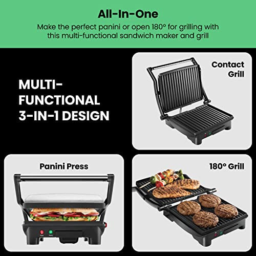 Chefman Panini Press Grill and Gourmet Sandwich Maker Non-Stick Coated Plates, Opens 180 Degrees to Fit Any Type or Size of Food, Stainless Steel Surface and Removable Drip Tray, 4 Slice, Black - 3