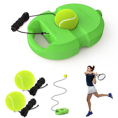 CHEGIF Tennis Trainer Rebound Ball with 3 String Balls, Solo Tennis Training Equipment for Self-Practice, Portable Tennis Practice Training Tools for Adults, Seniors, Beginners Sport Exercise - Green - 1