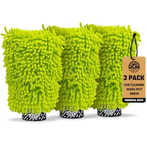 Chemical Guys, Chenille Scratch-Free Microfiber Wash Mitt, Lime Green, 3 Pk | Soft chenille microfiber mitts hold thick suds and trap grit for safe, scratch-free contact washing, three pack - 1