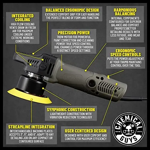 Chemical Guys TORQX Dual Action Random Orbital Polisher – Avtomobillar, yuk mashinalari va SUVlar uchun professional avtomobil buferi – 700W motor, 8mm orbit, yengil 4,7 lb dizayn, bo'yoqni to'g'rilash - 2