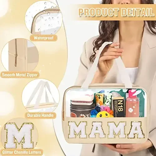 Chenille harfli Preppy Clear Mama makyaj çantaları, Seyahat için gerekli geniş şeffaf makyaj çantası fermuarlı kese saplı, Kadınlar için su geçirmez naylon kozmetik tuvalet malzemesi saklama çantası (MAMA-Bej) - 5
