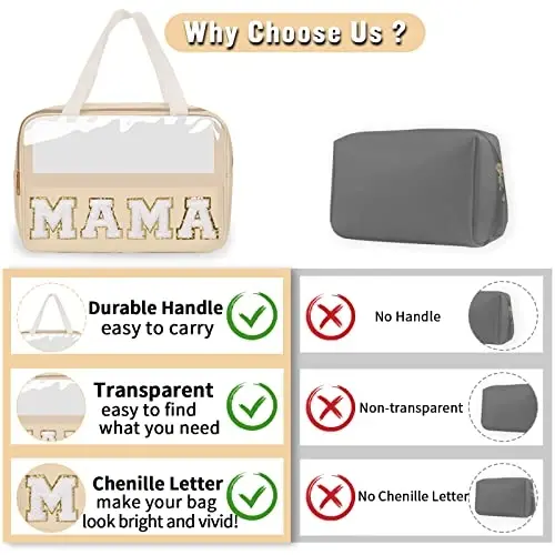 Chenille harfli Preppy Clear Mama makyaj çantaları, Seyahat için gerekli geniş şeffaf makyaj çantası fermuarlı kese saplı, Kadınlar için su geçirmez naylon kozmetik tuvalet malzemesi saklama çantası (MAMA-Bej) - 1