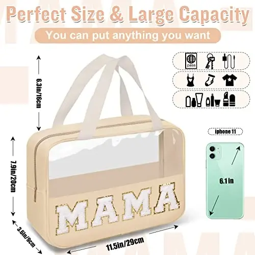Chenille harfli Preppy Clear Mama makyaj çantaları, Seyahat için gerekli geniş şeffaf makyaj çantası fermuarlı kese saplı, Kadınlar için su geçirmez naylon kozmetik tuvalet malzemesi saklama çantası (MAMA-Bej) - 3