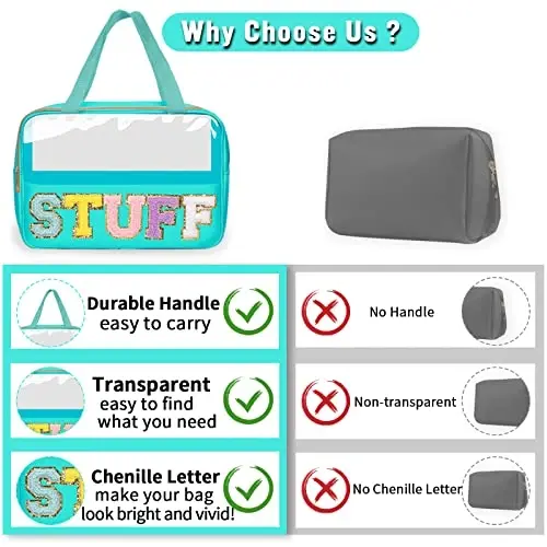 Chenille harfli Preppy Clear Stuff makiyaj sumkalari, Sayohat uchun zarur bo'lgan katta shaffof makiyaj sumkasi, tutqichli fermuarli sumka, ayollar uchun suv o'tkazmaydigan neylon kosmetik tualet sumkasi (STUFF-Yashil) - 4