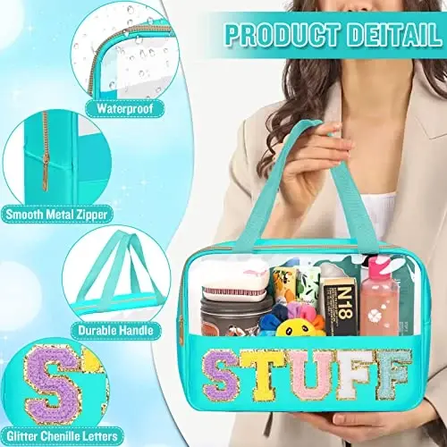 Chenille harfli Preppy Clear Stuff makiyaj sumkalari, Sayohat uchun zarur bo'lgan katta shaffof makiyaj sumkasi, tutqichli fermuarli sumka, ayollar uchun suv o'tkazmaydigan neylon kosmetik tualet sumkasi (STUFF-Yashil) - 3