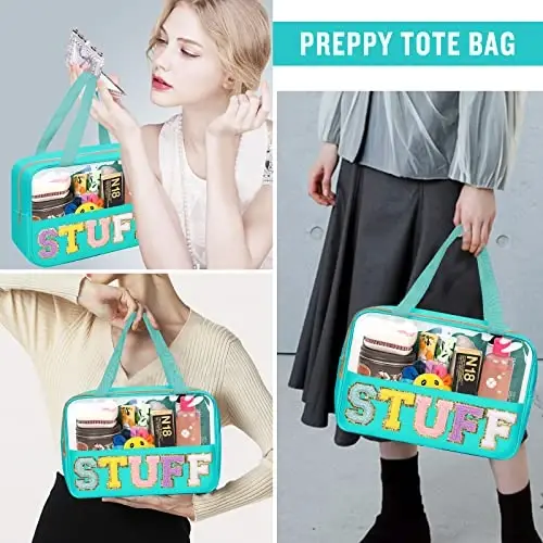 Chenille harfli Preppy Clear Stuff makiyaj sumkalari, Sayohat uchun zarur bo'lgan katta shaffof makiyaj sumkasi, tutqichli fermuarli sumka, ayollar uchun suv o'tkazmaydigan neylon kosmetik tualet sumkasi (STUFF-Yashil) - 5