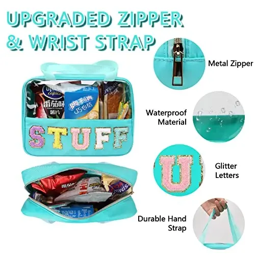 Chenille harfli yamoqli sumka, Preppy shaffof kosmetik sumka, katta tualet buyumlari uchun sumka tutqichli, sayohat ayollari uchun shaffof neylon suv o‘tkazmaydigan fermuarli sumka (yashil) - 3