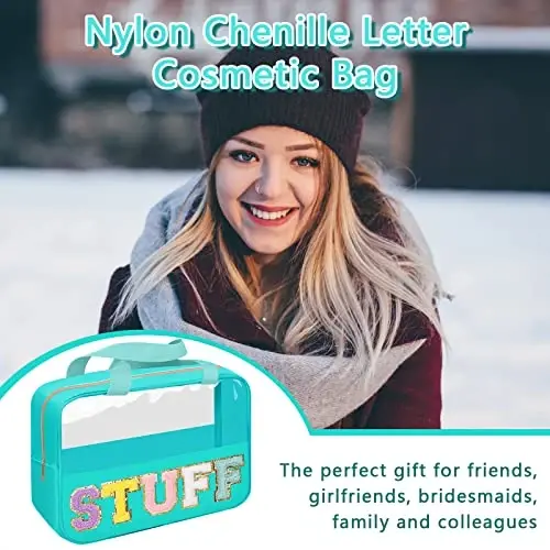 Chenille harfli yamoqli sumka, Preppy shaffof kosmetik sumka, katta tualet buyumlari uchun sumka tutqichli, sayohat ayollari uchun shaffof neylon suv o‘tkazmaydigan fermuarli sumka (yashil) - 5