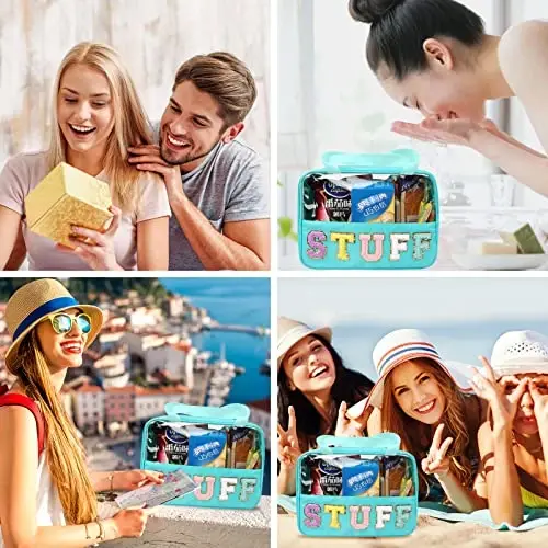 Chenille harfli yamoqli sumka, Preppy shaffof kosmetik sumka, katta tualet buyumlari uchun sumka tutqichli, sayohat ayollari uchun shaffof neylon suv o‘tkazmaydigan fermuarli sumka (yashil) - 6