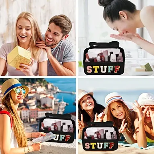 Chenille harfli yamoqli sumka, Preppy shaffof kosmetika sumkasi katta tualet buyumlari uchun tutqichli sumka, sayohat ayollari uchun shaffof neylon suv oʻtkazmaydigan fermuarli sumka (qora) - 6