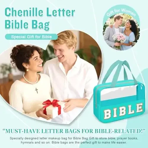 Chenille Letter Bible Bag Case for Girls,Large Study Supplies Church Bag Cover Purse Fits All Bibles,Cute Preppy Christian Tote with Handle Zipper Bible Accessories Gifts for Women(BIBLE-Green) - 4