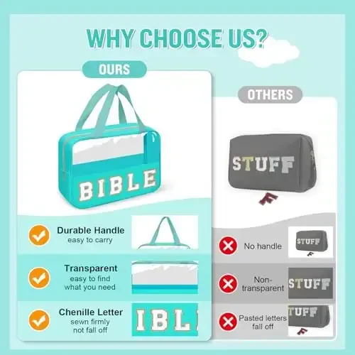 Chenille Letter Bible Bag Case for Girls,Large Study Supplies Church Bag Cover Purse Fits All Bibles,Cute Preppy Christian Tote with Handle Zipper Bible Accessories Gifts for Women(BIBLE-Green) - 6