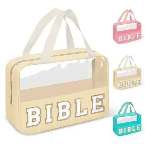 Chenille Letter Bible Bag Women uchun qopqoq sumkasi, Preppy Injilni o'rganish uchun anjomlar Cherkov sumkasi Injil aksessuarlari tutqich fermuar bilan, Suvga chidamli sayohat uchun kosmetika sumkasi Rojdestvo Xristian sovg'alari (INJIL-Bej) - 1