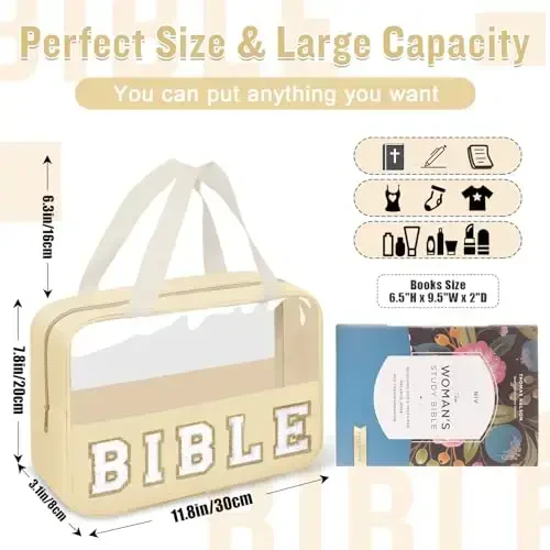 Chenille Letter Bible Bag Women uchun qopqoq sumkasi, Preppy Injilni o'rganish uchun anjomlar Cherkov sumkasi Injil aksessuarlari tutqich fermuar bilan, Suvga chidamli sayohat uchun kosmetika sumkasi Rojdestvo Xristian sovg'alari (INJIL-Bej) - 2