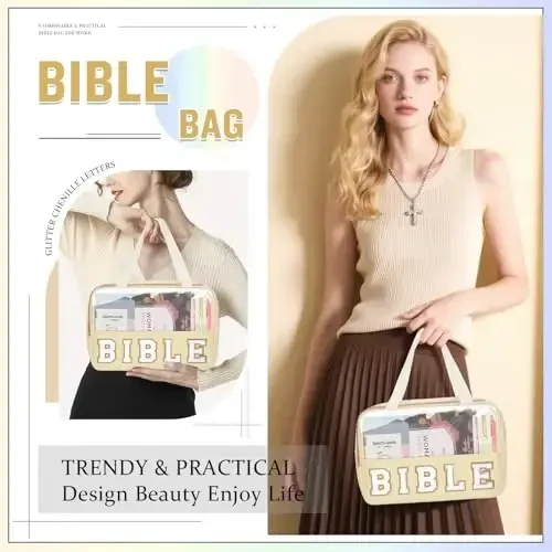 Chenille Letter Bible Bag Women uchun qopqoq sumkasi, Preppy Injilni o'rganish uchun anjomlar Cherkov sumkasi Injil aksessuarlari tutqich fermuar bilan, Suvga chidamli sayohat uchun kosmetika sumkasi Rojdestvo Xristian sovg'alari (INJIL-Bej) - 5