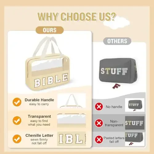 Chenille Letter Bible Bag Women uchun qopqoq sumkasi, Preppy Injilni o'rganish uchun anjomlar Cherkov sumkasi Injil aksessuarlari tutqich fermuar bilan, Suvga chidamli sayohat uchun kosmetika sumkasi Rojdestvo Xristian sovg'alari (INJIL-Bej) - 6