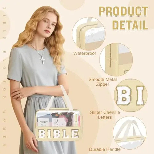 Chenille Letter Bible Bag Women uchun qopqoq sumkasi, Preppy Injilni o'rganish uchun anjomlar Cherkov sumkasi Injil aksessuarlari tutqich fermuar bilan, Suvga chidamli sayohat uchun kosmetika sumkasi Rojdestvo Xristian sovg'alari (INJIL-Bej) - 3