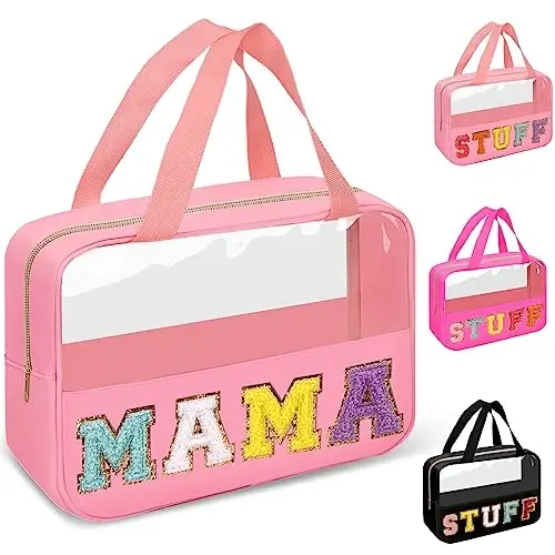 Chenille Letter Clear Makeup Bags Mama Tote, Preppy Patch Makeup Bag Zipper with Handle, Waterproof PVC & Nylon Portable Glitter Large Cosmetic Travel Toiletry Storage Bag for Women Girls(MAMA-Pink) - 1