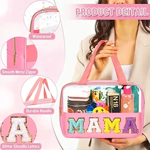 Chenille Letter Clear Makeup Bags Mama Tote, Preppy Patch Makeup Bag Zipper with Handle, Waterproof PVC & Nylon Portable Glitter Large Cosmetic Travel Toiletry Storage Bag for Women Girls(MAMA-Pink) - 3