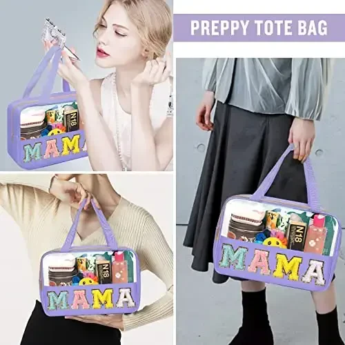 Chenille Letter Clear Makeup Bags Mama Tote, Preppy Patch Makeup Bag Zipper with Handle, Waterproof PVC & Nylon Portable Glitter Large Cosmetic Travel Toiletry Storage Bag for Women Girls(MAMA-Purple) - 6