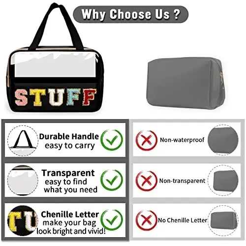 Chenille Letter Clear Makeup Bags Stuff Tote, Preppy Patch Makeup Bag Zipper with Handle, Waterproof PVC & Nylon Portable Glitter Large Cosmetic Travel Toiletry Storage for Women Girls(STUFF-Black) - 4
