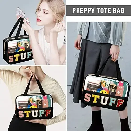 Chenille Letter Clear Makeup Bags Stuff Tote, Preppy Patch Makeup Bag Zipper with Handle, Waterproof PVC & Nylon Portable Glitter Large Cosmetic Travel Toiletry Storage for Women Girls(STUFF-Black) - 5