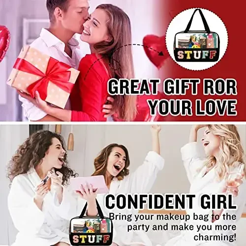 Chenille Letter Clear Makeup Bags Stuff Tote, Preppy Patch Makeup Bag Zipper with Handle, Waterproof PVC & Nylon Portable Glitter Large Cosmetic Travel Toiletry Storage for Women Girls(STUFF-Black) - 7