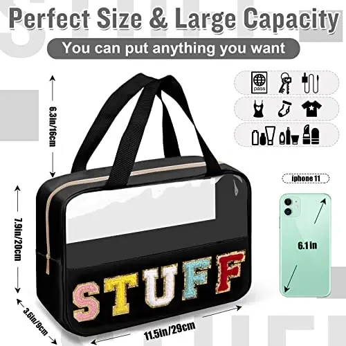 Chenille Letter Clear Makeup Bags Stuff Tote, Preppy Patch Makeup Bag Zipper with Handle, Waterproof PVC & Nylon Portable Glitter Large Cosmetic Travel Toiletry Storage for Women Girls(STUFF-Black) - 2