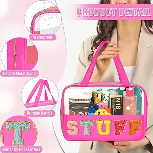Chenille Letter Clear Makeup Bags Stuff Tote, Preppy Patch Makeup Bag Zipper with Handle, Waterproof PVC & Nylon Portable Glitter Large Cosmetic Travel Toiletry Storage for Women Girls(STUFF-Rose) - 3