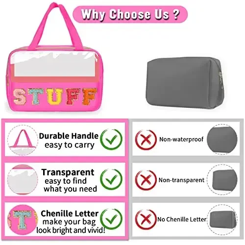 Chenille Letter Clear Makeup Bags Stuff Tote, Preppy Patch Makeup Bag Zipper with Handle, Waterproof PVC & Nylon Portable Glitter Large Cosmetic Travel Toiletry Storage for Women Girls(STUFF-Rose) - 4
