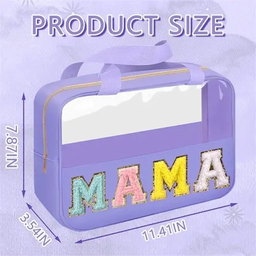 Chenille Letter Patch Mama Bag, Preppy Clear Makeup Cosmetic Bag Large Toiletry Storage Tote Bag with Handle, Transparent Nylon Waterproof Organizer Zipper Pouch for Travel Women Girls(Purple) - 2